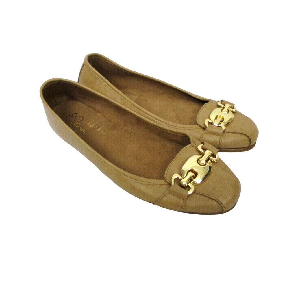 A2 Aerosoles Stitch N Turn Loafers Womens 9 In Between Tan Camel Leather Buckle0